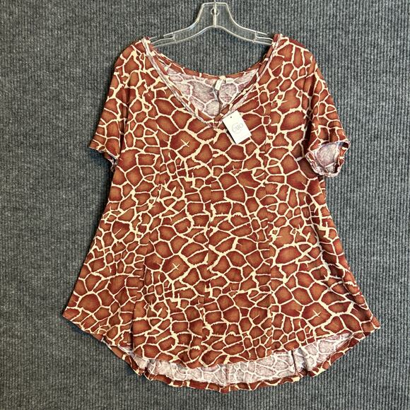 Cato Womens Blouse Sz Large Giraffe Printed V Neck Short Sleeve Boho Multi Color - Picture 1 of 7